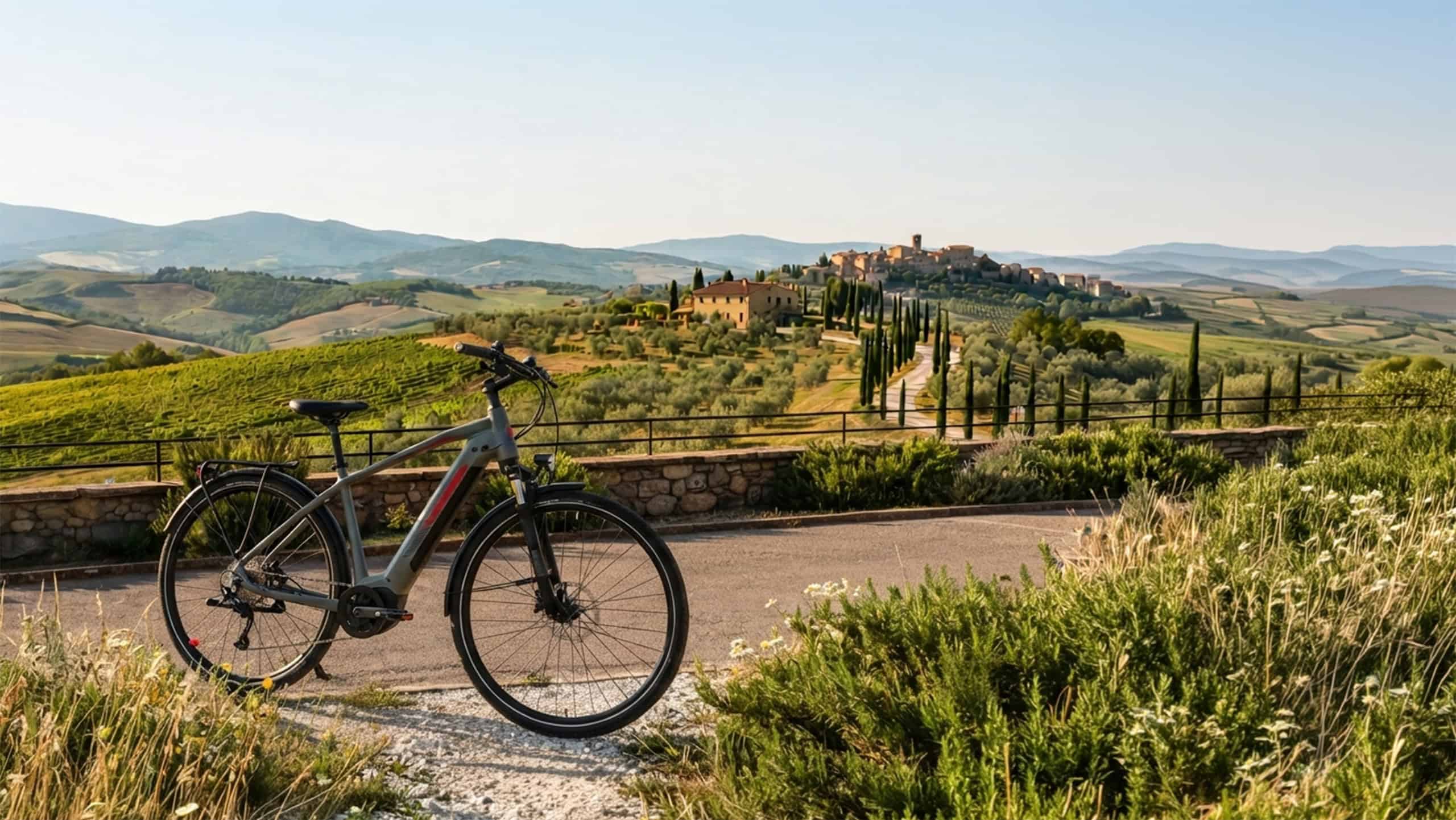 Fahrrad zur Miete von Lu.Ma.Tos mit toskanischer Landschaft im Hintergrund