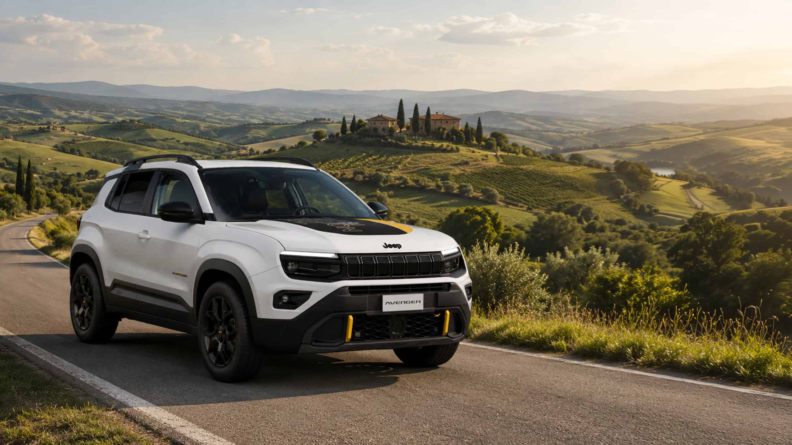 White jeep for hire from Lu.Ma.Tos among the Tuscan hills