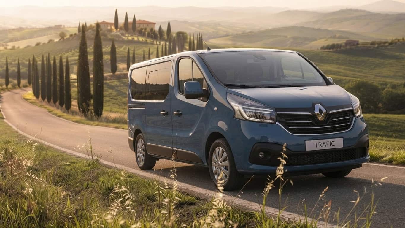 Pulmino nero a noleggio con paesaggio toscano sullo sfondo